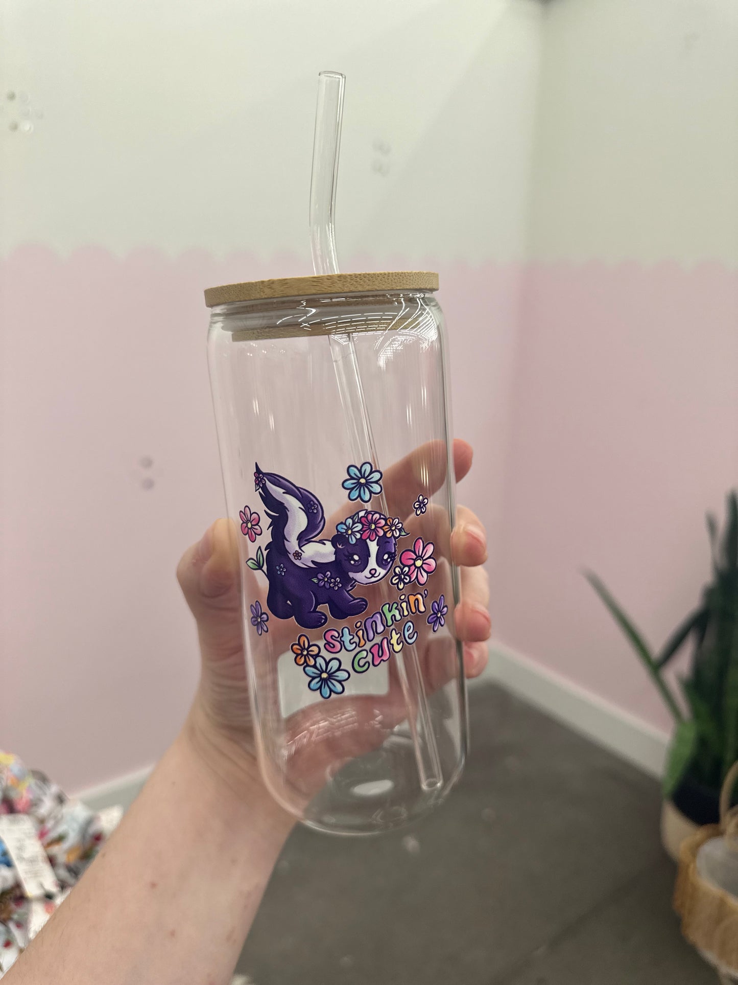 Glass Can Cup with Straw - Stinkin Cute **local pickup only**
