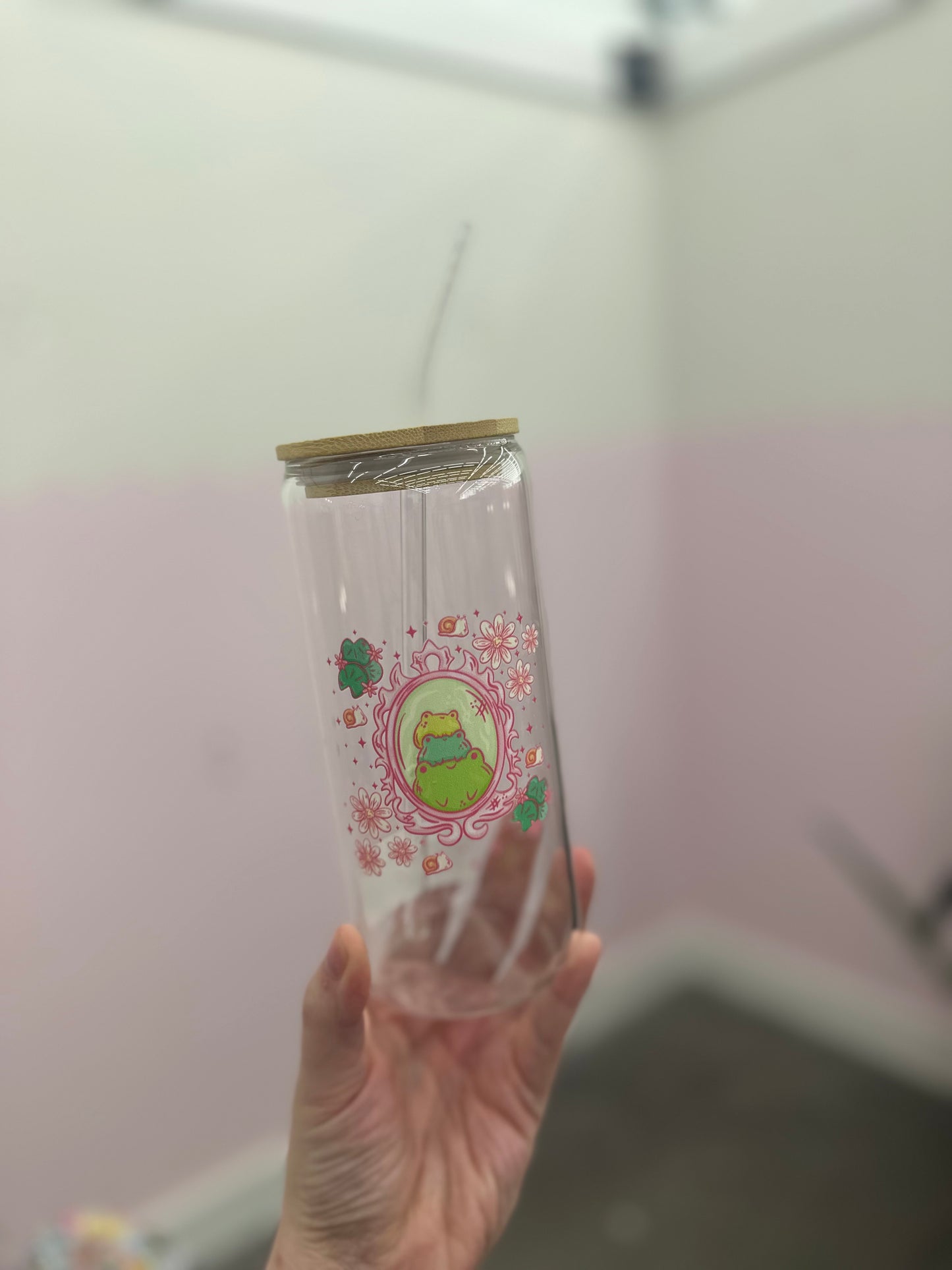 Glass Can Cup with Straw - frogs **local pickup only**