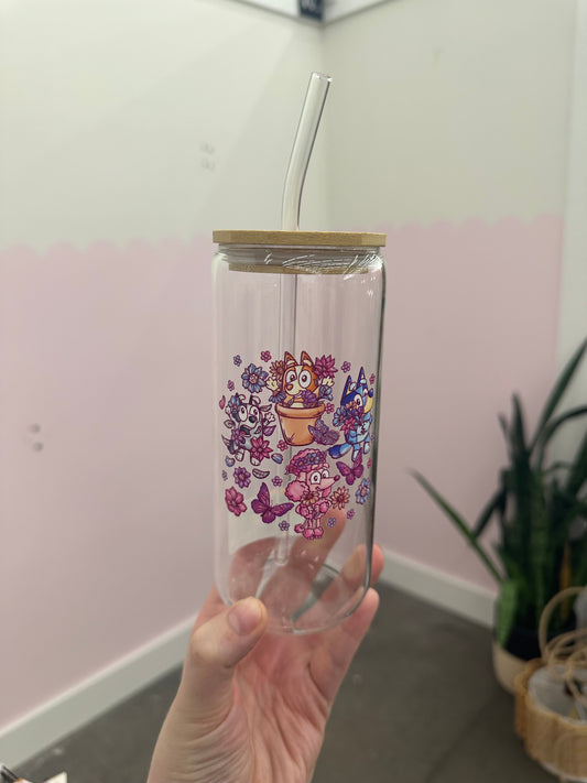 Glass Can Cup with Straw - Floral UFO **local pickup only**