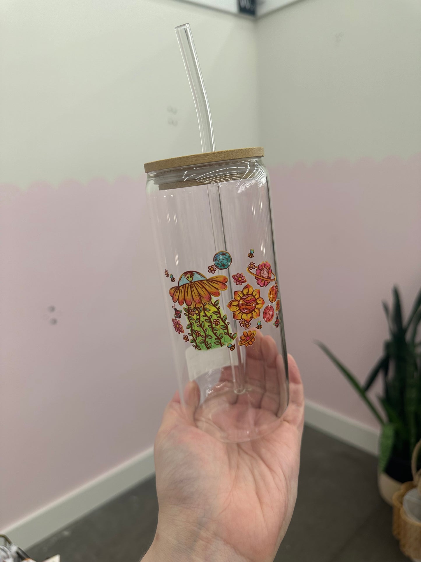 Glass Can Cup with Straw - Floral UFO **local pickup only**
